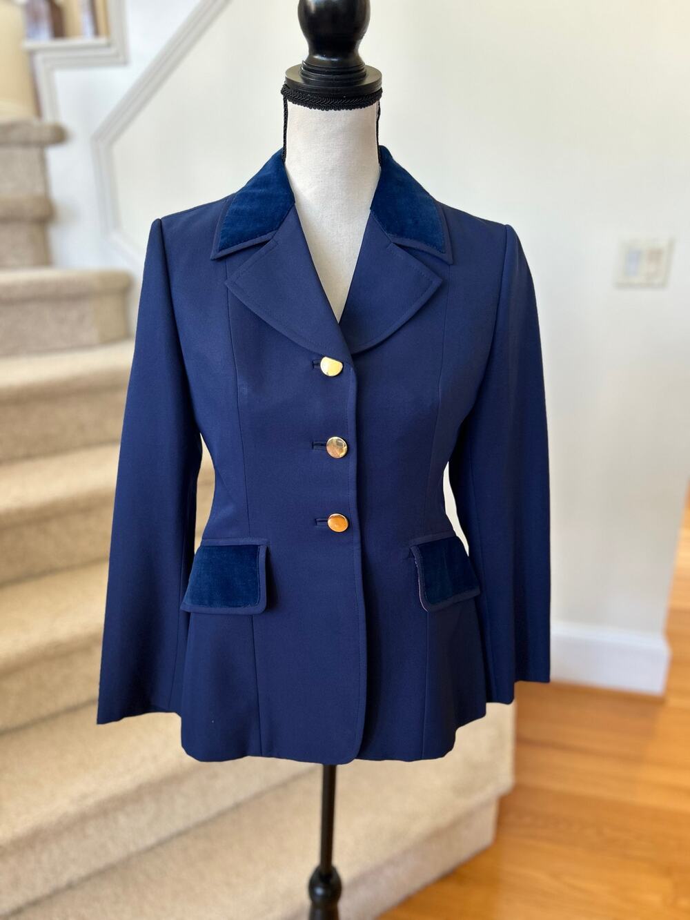 Custom Navy Velvet Trim Three Button Fitted Equestrian Blazer Jacket